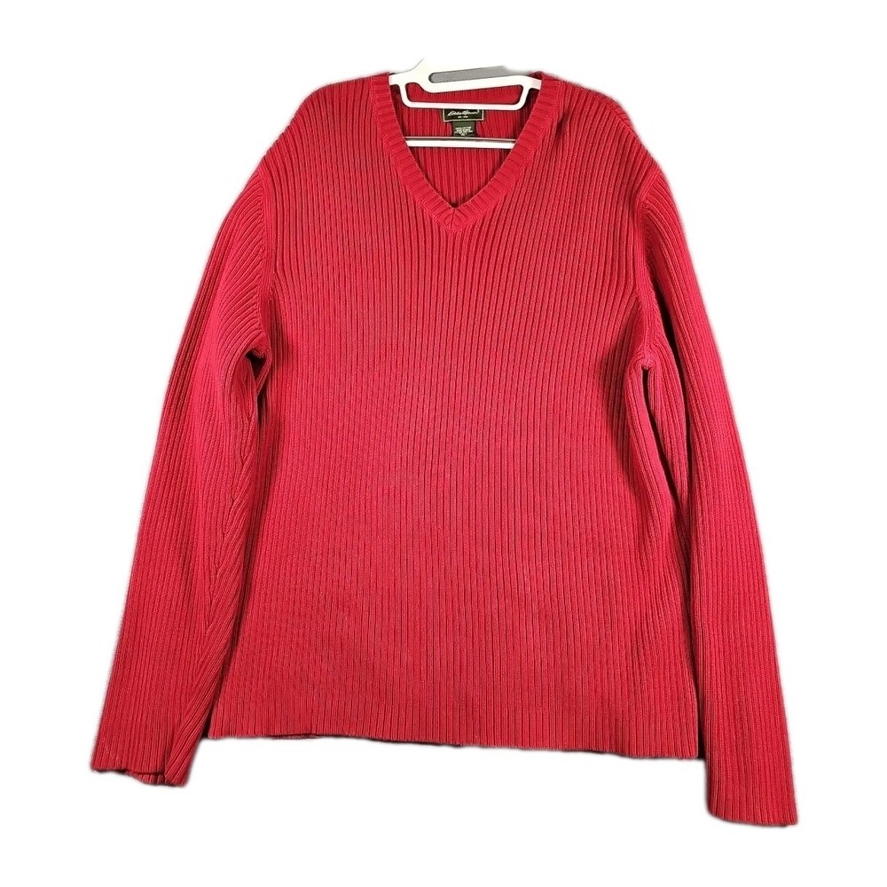 Vintage Eddie Bauer Mens XLT Tall Red Ribbed Chunky Cotton Cable Knit Sweater